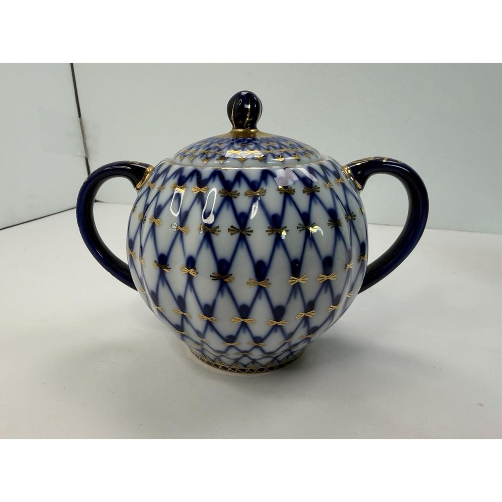 Lomonosov Porcelain Cobalt Blue Net Russia Sugar Bowl With Lid